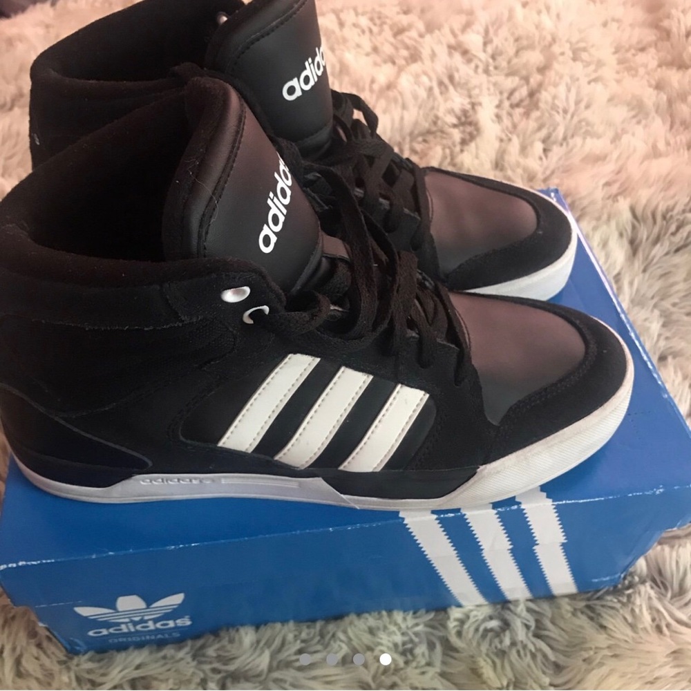 Adidas black and white high top sneakers